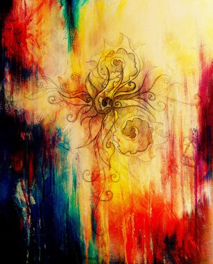 ornamental filigran drawing on paper with flower and flame structure pattern, Color effect and Computer collage.