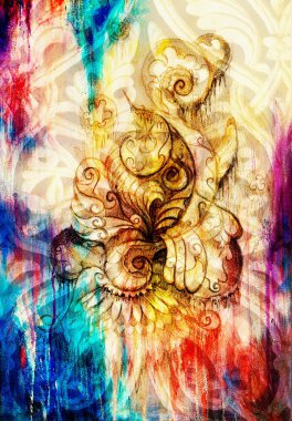 süs filigran spiraller, çiçek yaprakları ve alev yapısı desen, renk efekti ve bilgisayar kolaj kağıt üzerine çizim.