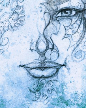 Adam yüz süsleme, karakalem, göz teması. Renk efekti ve bilgisayar kolaj.