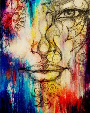 Adam yüz süsleme, karakalem, göz teması. Renk efekti ve bilgisayar kolaj.