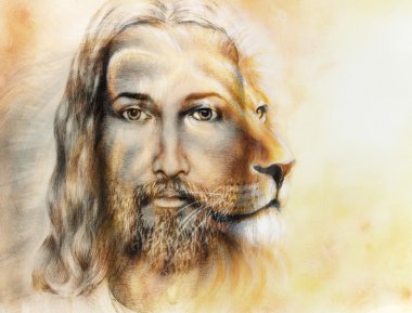 bir aslan, üzerinde güzel renkli arka plan, göz teması ve aslan profili portre ile İsa'nın boyama.