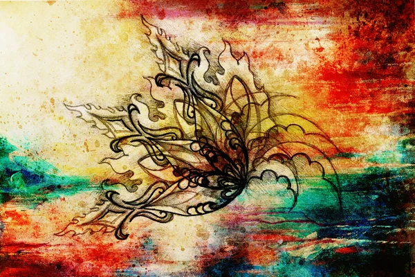 Dibujo filigrano ornamental en papel con patrón de estructura de flor y llama, efecto de color y collage de computadora . — Foto de Stock