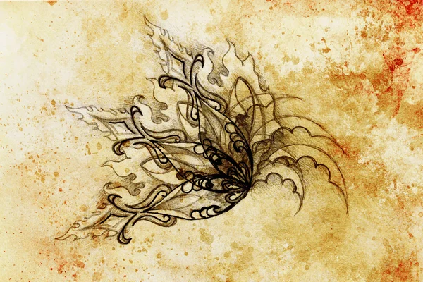 Ornamental filigran drawing on paper with flower and flame structure pattern, Color effect and Computer collage. — Stok fotoğraf