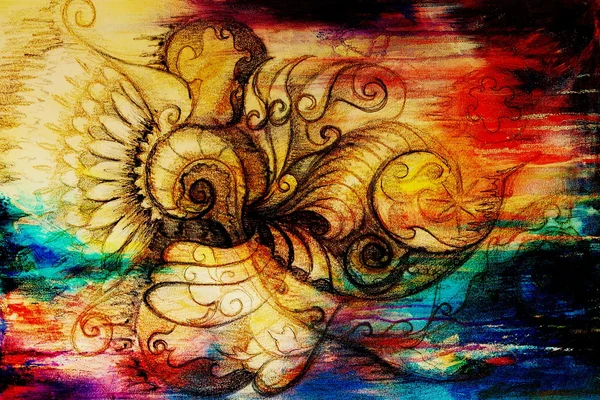 Disegno a filigrana ornamentale su carta con spirali, petali di fiori e motivo a struttura di fiamma, effetto colore e collage per computer . — Foto Stock