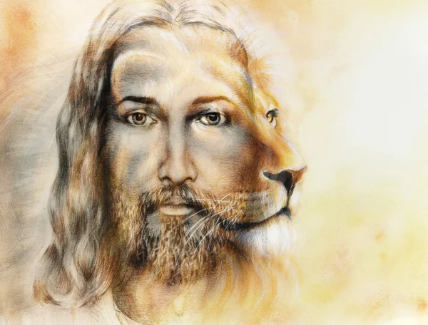 painting of Jesus with a lion, on beautiful colorful background, eye contact and lion profile portrait.