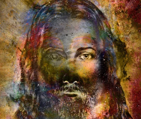 Jezus Christus schilderen met stralende kleurrijke energie van licht, oog contact. — Stockfoto