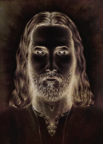 Radiant Jesus Christ silhouette on dark background, eye contact. — Stock Photo, Image