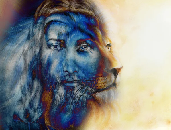 Painting of Jesus with a lion, on beautiful colorful background, eye contact and lion profile portrait. Stock Picture