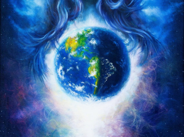 Planet earth in cosmic space surrounded by blue woman hair, Cosmic Space background. Original painting on canvas. Earth concept