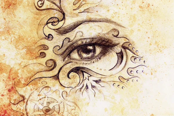 Vrouw oog met ornament, potlood tekening, oogcontact. Sepia effect en Computer collage. — Stockfoto