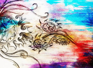 Süs çizim. Özgün el çizmek ve bilgisayar kolaj. Renk yapısı.