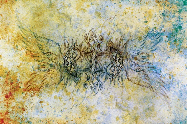 Desenho de dragão ornamental no fundo de papel velho colagem de computador. e estrutura de cores . — Fotografia de Stock