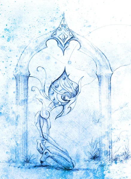 Космическое существо, стоящее на коленях у священных ворот с кристаллом, оригинальным рисунком на бумаге. концепция переходного периода и времени . — стоковое фото
