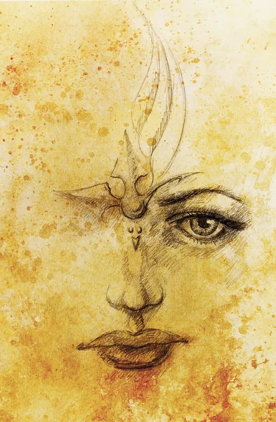 Mistyk kobieta twarzy. ołówkiem rysunek na papierze, efekt kolorystyczny. — Zdjęcie stockowe
