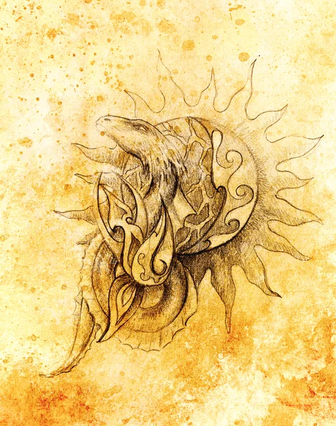 Desenho de dragão ornamental e sol no fundo de papel velho e estrutura de cor sépia . — Fotografia de Stock