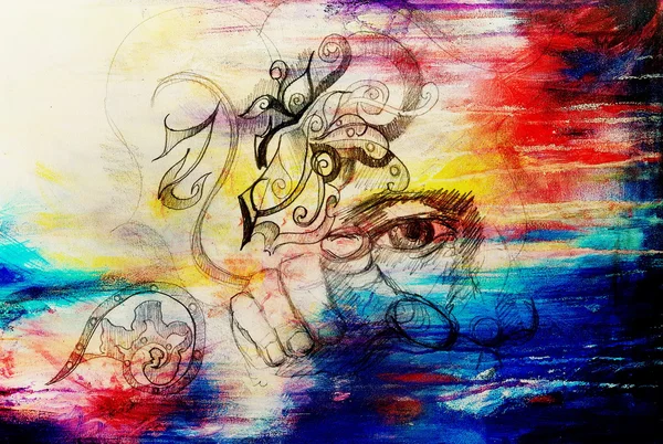 Mężczyzna oko, nos i ręka kolaż, szkic ołówkiem na papierze, efekt kolorystyczny. — Zdjęcie stockowe
