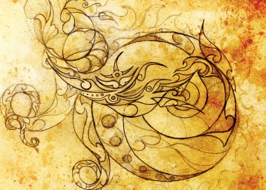 Süs çizim. Özgün el çizmek ve bilgisayar kolaj. Renk yapısı.