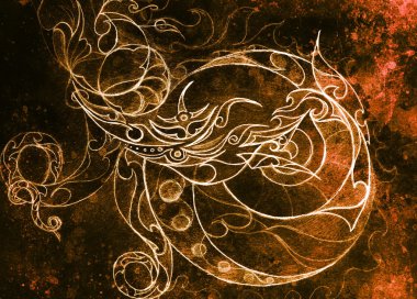 Süs çizim. Özgün el çizmek ve bilgisayar kolaj. Renk yapısı.