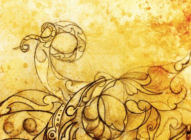 Süs çizim. Özgün el çizmek ve bilgisayar kolaj. Renk yapısı.