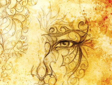 çiçek süsü ile mistik adam yüz. Kağıt üzerine çizim, Renk efekti. Göz teması.