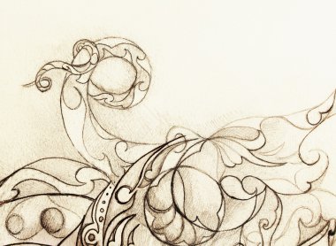 Süs çizim. Özgün el çizmek ve bilgisayar kolaj. Renk yapısı.