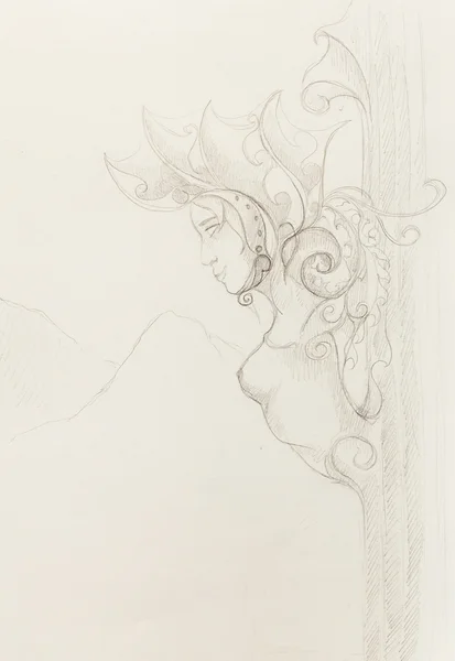 Estatua de pilar de diosa mujer mística con hermoso ornamento. Dibujo original . — Foto de Stock
