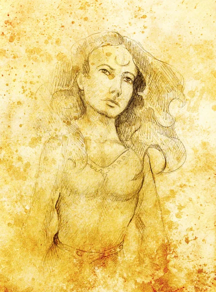 Mystische Frau. Bleistiftzeichnung auf Papier, Farbeffekt. — Stockfoto