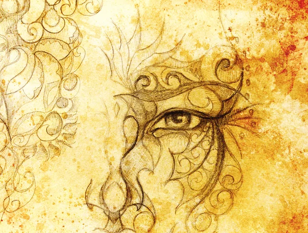 Μυστικιστικό πρόσωπο με floral στολίδι. Σχεδίαση σε χαρτί, εφέ χρώματος. Επαφή με τα μάτια. — Φωτογραφία Αρχείου