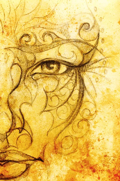 Mystisches Gesicht mit floralem Ornament. Zeichnung auf Papier, Farbeffekt. Blickkontakt. Computercollage. — Stockfoto