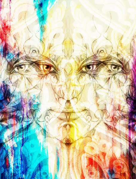 Mystic man gezicht met florale sieraad. Tekenen op papier, kleureffect. Contact met de ogen. Computer collage. — Stockfoto