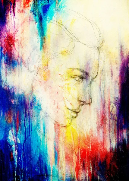 Art drawing beautiful girl face and color background. — Stok fotoğraf