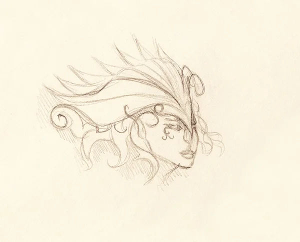 Cara de mujer mística y diadema. dibujo a lápiz sobre papel . — Foto de Stock