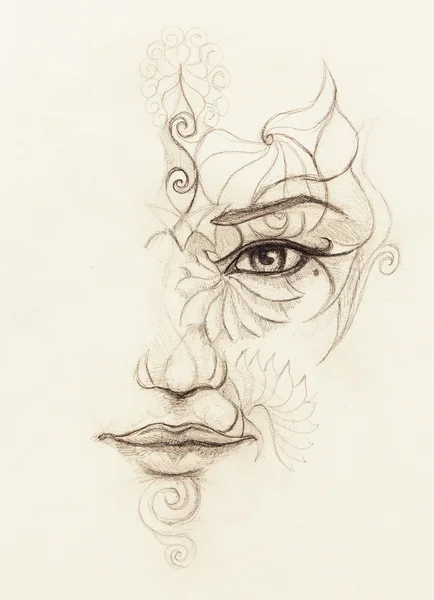 Mystisk kvinna ansikte med blommig prydnad. Rita på papper, ögonkontakt. — Stockfoto