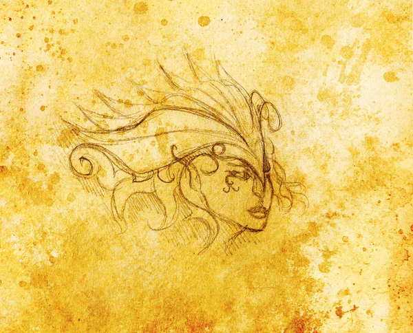 Mystic vrouw gezicht en hoofdband. potlood tekening op papier, kleureffect. — Stockfoto