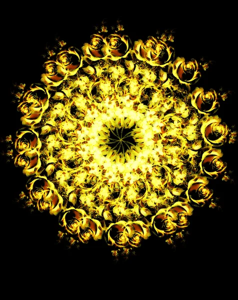 Zierblumen-Mandala. Rosencollage. goldene Blume auf schwarzem Hintergrund. — Stockfoto