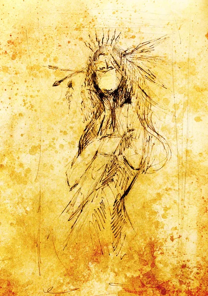 Bleistiftzeichnung auf Papier, Indianerin und Federn im Haar. Farbeffekt. — Stockfoto