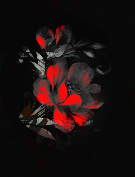 Fleur rouge sur fond noir. Peinture et collage informatique. — Photo