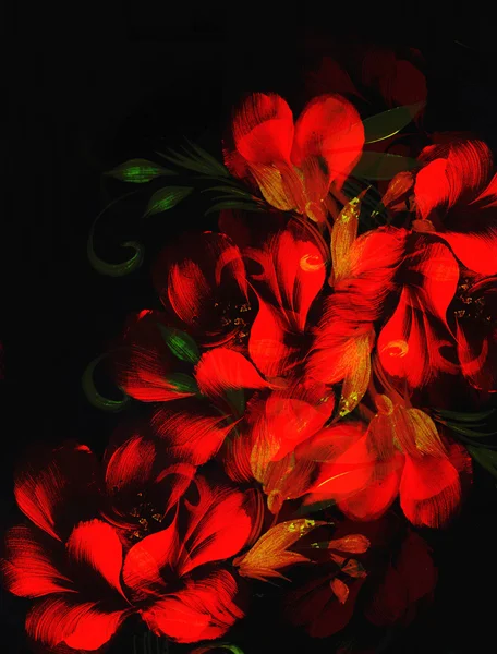 Rode bloem op zwarte achtergrond. Schilderen en computercollage. — Stockfoto