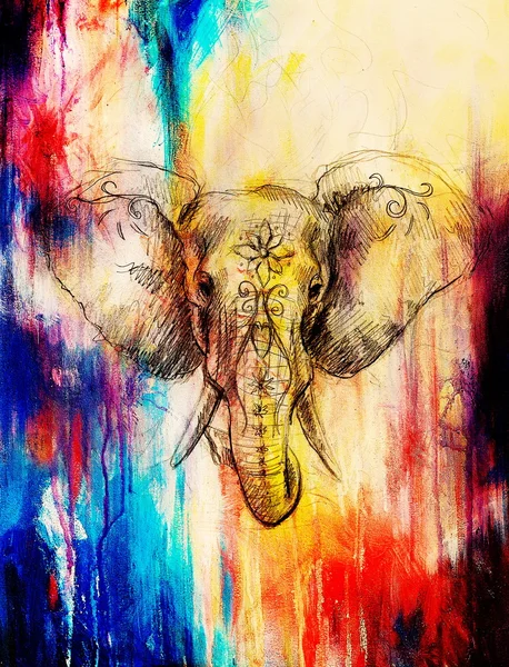 Elefante con adorno floral, dibujo a lápiz sobre papel. Efecto de color y collage informático. —  Fotos de Stock