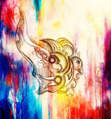 Kuş ve süsleme, özgün çizim, eskiz kağıt kalem. Renk efekti.