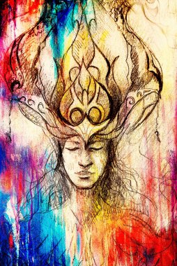 adam ve süs taç, kağıt, renk ve vintage etkisi üzerinde kalem kroki.