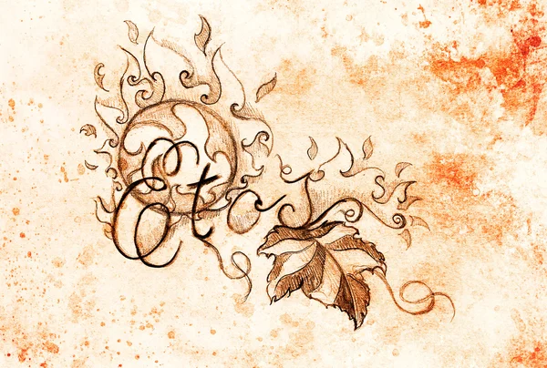 Grapevine leaves and text and ornament with fire flames. Drawing on paper. — Stock Photo, Image