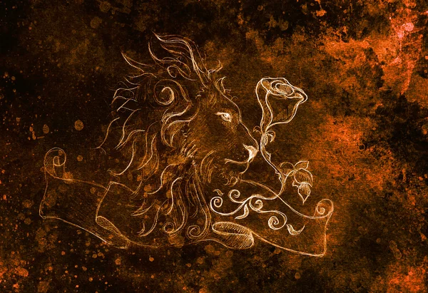 Gül ile aslan ve kurdele ile süsleme, orijinal el çizimi, eskiz kağıt kalem. Renk efekti.