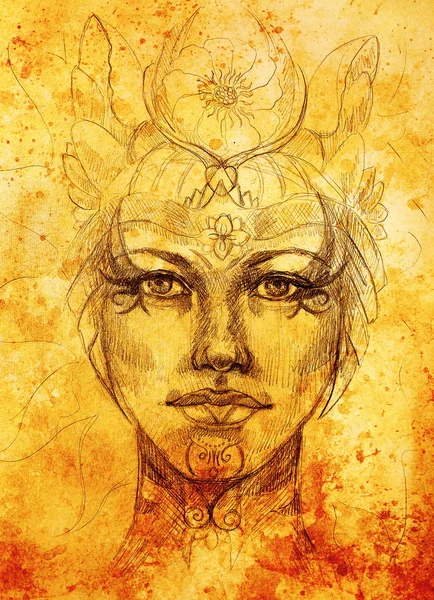 Mystic woman face with floral ornament. Drawing on paper, Color effect. Eye contact. — Stock Photo, Image