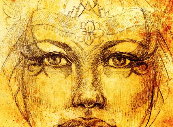 Mystic woman drawing with ornament, eye contact. Sepia color and Computer collage. — Stock Photo, Image