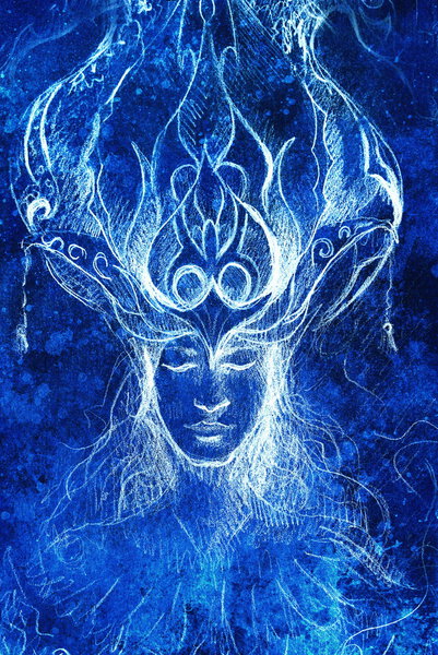 man and ornamental crown, pencil sketch on paper, blue vinter effect.