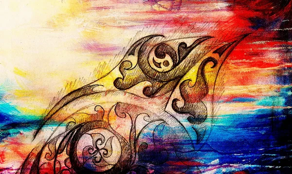 Süs çizim. Özgün el çizmek ve bilgisayar kolaj. Renk yapısı.