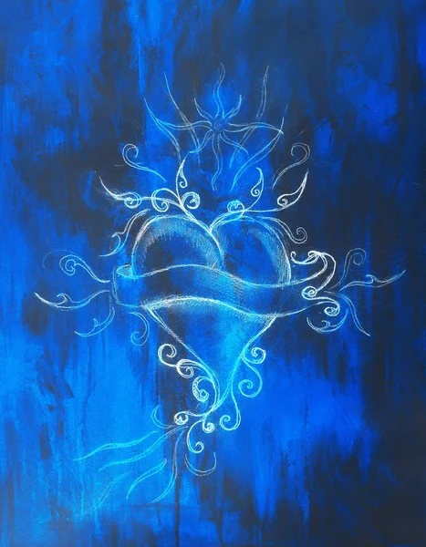 Kalp ve kurdele, süs eşyası, orijinal çizim, kağıt üzerine kalem çizimi. Renk efekti.