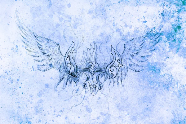 Dibujo de dragón ornamental. collage de computadora y estructura de color azul. Efecto invierno . — Foto de Stock