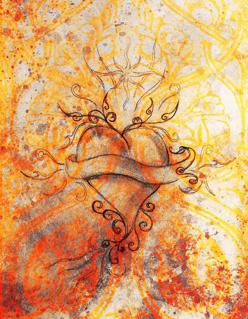 Cuore e nastro con ornamento originale disegno schizzo su carta Cuore e nastro con ornamento originale disegno schizzo su carta a matita Effetto colore — Foto di JozefKlopacka